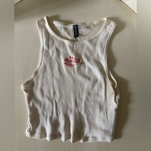 H&M White Ribbed Crop Tank Top with Red Detail